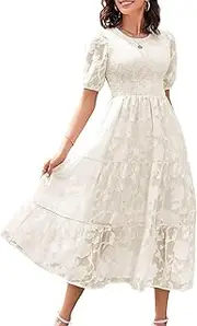 [ebossy] Women's Casual Smocked Lace Party Dress Puff Sleeve A-line Flowy Tiered Jacquard Midi Dress