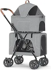 Double Pet Cat Dog Stroller Detachable Cage Foldable Dog Pushchair for Twin or Multiple, 2 Layers Pet Dog Pram Stroller Breathable Travel Carrier for 2 Dogs/Cats(Grey a)