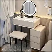 Small Makeup Vanity Desk with Light Mirror and 4 Drawers Dressing Table with Storage Cabinet Dresser Set Cushioned Stool