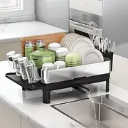 BOOSINY Dish Drying Rack, Dish Racks for Kitchen Counter, Stainless Steel Dish Drainer and Drainboard Set, Small Dish Dryer with Drainage, Utensil Holder and Cup Holder