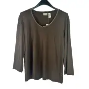 Chicos Women's Rasia Sparkle Tee Top Vneck 3/4 Sleeve Solid Brown Size 3 L Large