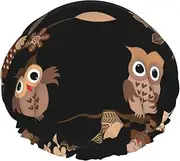 Cute Brown Cartoon Owls Print Various Activities Shower Cap Reusable Soft And Lightweight Bath Hair Cap Long Hair