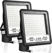 2 Pack Flood Light Outdoor, 100W 10000lm LED Floodlight, IP66 Waterproof Exterior Flood Lights, 6500K Daylight White, Plug in Outdoor Lights Led Lights for Patio, Garage, Porch, Lawn, Yard, Garden
