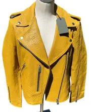 All Saints Yellow Mustard Leather Jacket NWT Size 10 Fern Bubble Biker