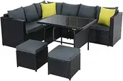 Gardeon Outdoor Dining Set 8 Seater Rattan Wicker Lounge Setting Table and Chairs, Patio Conversation Sets Furniture Garden Aluminum, Weather-Resistant Cushions Pillows Black with Ottoman