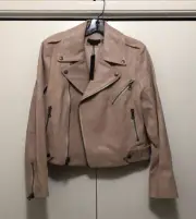 NWT $995 Alice + Olivia Cody Crop Lamb Leather Moto Jacket in Nude - size Large!