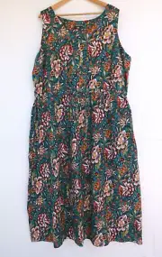 New Autograph Dress 22 Womens Floral Blue-Green Pink Linen Blend Drawstring