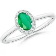 Prong-Set Oval Emerald and Diamond Halo Engagement Ring