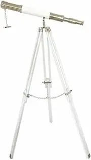 Harbor Master Marine Telescope – Chrome Brass & Leather Single Barrel Spyglass with Wooden Tripod | Floor-Standing Nautical Home Decor.