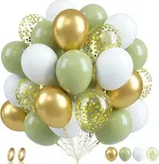 60Pcs/Pack Olive Green Gold Latex Balloons Set, Green White and Gold Birthday Decoration, Metallic Gold Confetti Balloons for Birthday Wedding Party Decor