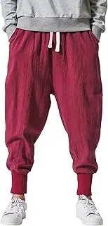 [JEShifangjiusu] Mens Cotton Linen Tapered Leg Pant Drawstring Relaxed Harem Pants Lightweight Sweatpants with Pockets