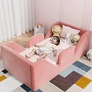 COSYSUPER Toddler Bed, Toddler Floor Bed Frame with Guard Rails, Small Bed for Kids Boys and Girls Aged 2-6 Years, Certified Fabric Toddler Beds,Pink