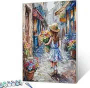 Graffitic Street Art Paint by Numbers Kits 16x20 inch Canvas Cute Girl Hold the Wildflowers DIY Oil Painting for Adults Beginner,16''x20' inch Doodle Children Art with Brushes House Decor(DIY Frame)