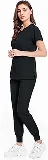 Meichoon Scrubs Set Split Crew Neck Top with 4 Pockets Stretch Fit Jogging Pants Medical Uniform Dental Grooming Pet DK07