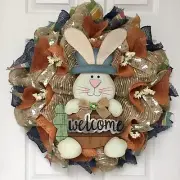 Burlap Welcome Bunny Easter Or Spring Wreath Handmade Deco Mesh