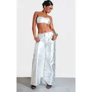 Silver Coated Crackle Effect Denim Wide Leg Jeans, Silver
