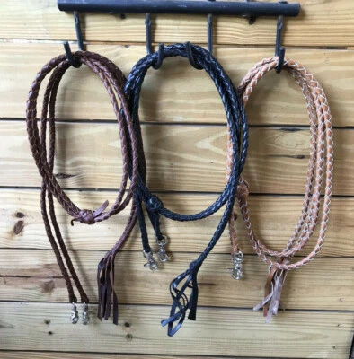 Western Round Braided Leather Split Reins w Scissor Clip Ends Black Light Brown