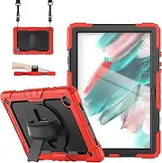 FS FANSONG Case for Samsung Galaxy Tab A8 10.5in 2022, SM-X200/X205/X207 Tablet Cover with Screen Protector Pencil Holder 360 Degree Rotating Kickstand and Shoulder Strap Red