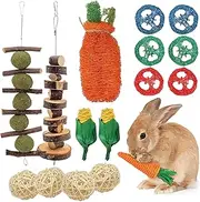 Natural Rabbit Guinea Pigs Hay Toys for Rabbits, Bunny, Chinchilla, Hamsters, Carrot Hanging Deluxe 16 pcs – Colourful Engaging Pet Toy Set, Pet Dental Rabbit Chew Small Animal, Wooden Incl Free eBook