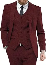 [JEShifangjiusu] Men's Suit Three Pieces Tweed Vintage Slim Fit Pointed Lapel Blazer Wedding Tuxedo Pants Prom Dresses End Of Year