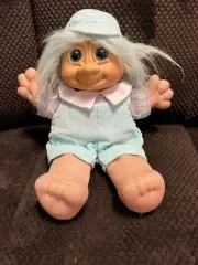 Russ Troll Doll 12" Vintage Corduroy Romper Outfit Cabbage Patch Blue Hair Eyes.