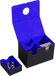 Venssu Card Deck Box, Card Deck Case with dice tray, Leather Large Size Fit 200 Plus Sleeved Cards Compatible with board game MTG TCG CCG (Black＆Blue)