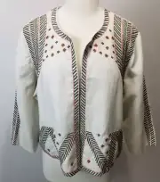 Chicos Jacket 3 16/18 XL Embellished Artisan Chino Linen Beaded Aztec Tribal NWT
