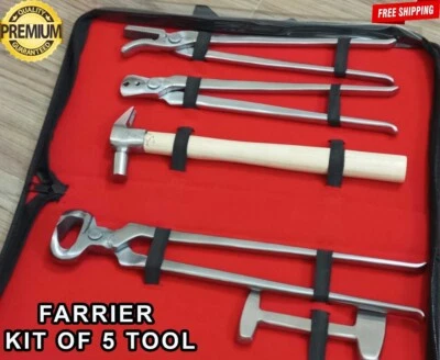 FARRIER HOOF TOOLS KIT 5-TOOLS CLINCHER, NAIL PULLER, HAMMER, TRIMMER, BUFFER