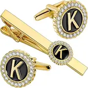 [HAWSON] 18K Gold Tie Clip and Cufflinks for Men, 2.2in Necktie Bar & Mens Cuff Links with Personalized Engraved A-Z Letter and Clear Crystal