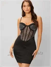 在飛比找Yahoo!奇摩拍賣優惠-洋裝 黑色拼接網紗緊身超短性感水鑽部分半透視腰圍夜店派對 歐