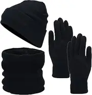 [Generic] Touchscreen Gloves Scarf Set,3X Knitted Beanie Hat Fleece Lining | Cold Weather Knit Touchscreen Gloves With Fleece Lining For Kids Skiing