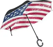 Double Layer Inverted Umbrella Cars Reverse Umbrella USA American Flag Vintage Windproof UV Proof Travel Outdoor Umbrella