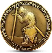 The Task Ahead, I Can Do All Things, Challenge Coin, Antique Gold Plated, Featuring a Kneeling Knight Templar and Philippians 4:13