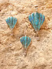 Hot Air Balloon 925 Sterling Raised Turquoise & Opal Pendant & Earrings Set NEW