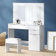 Oikiture Dressing Table, Makeup Dressing Table with Mirro and Stool White