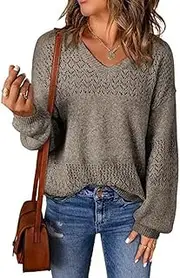 [Valtorixia] Womens V Neck Crochet Pullover Sweater Casual Long Sleeve Tops Fall Tops Loose Fit Lightweight Sweaters (Apricot,Small)