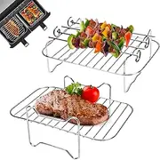 PENGQIMM Air Fryer Racks for Dual Air Fryer, 2 Pcs Stainless Steel Multipurpose Double Layer Racks,Stainless Steel Grill Rack with 4 skewers,for Double Basket Air Fryers Oven Microwave