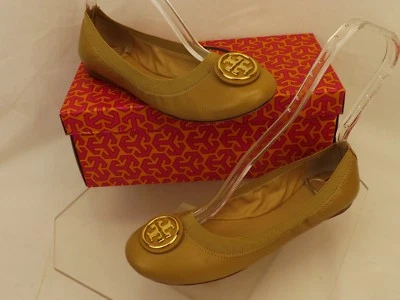 NIB TORY BURCH CAROLINE 2 DARK SAND LEATHER GOLD REVA NELLIE BALLET FLATS 7.5
