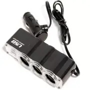 1 USB Charger Supply and 3 Socket Car Cigarette Lighter Extender Splitter BlackS