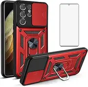 [Asuwish] Phone Case for Samsung Galaxy S21 Ultra Glaxay S21ultra 5G with Slide Camera Cover and Tempered Glass Screen Protector Hard Stand Ring Holder Hybrid Cell Gaxaly 21S S 21 21ultra G5 Red