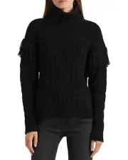 Ralph Lauren Sweater Fringe Trim Aran Knit Turtleneck Wool Blend NWT $225 L