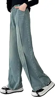 [LAVIQK] Big Girls Baggy Jeans Casual Patchwork Denim Jeans Elastic Wasit Wide Leg Ripped Pants Bell Bottoms for 4-14 Years