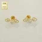 14K REAL Solid Gold Triple Hearts Earrings CZ Cartilage Daith Helix Tragus Conch