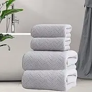 4 Pack Extra Large Bath Towels, Coral Velvet, Microfiber Super Soft Absorbent, Machine Washable, Coral Velvet Wheat Stripe, Towel Sets for Home, Hotel and Spa, Gym use (Light Grey, 35 * 75+140 * 40)