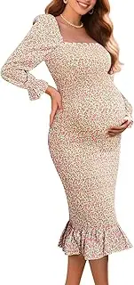 [Pinup Fashion] Maternity Dresses Baby Shower - Fall Long Sleeve Floral Smocked Bodycon Mermaid Midi Dress