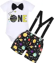 IMEKIS Baby Boys Space 1st Birthday Outfit Cake Smash Romper + Shorts Pants Suspenders Astronauts Cake Smash Photo Props