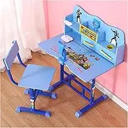 Manual Height Adjustable Kids Desk and Chair Set, Multifunctional Writing Table with Lamp and Book Stand, Children Study Desk Blue Adjusted