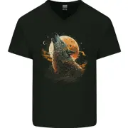 A Howling Wolf in the Moon Light Mens V-Neck Cotton T-Shirt