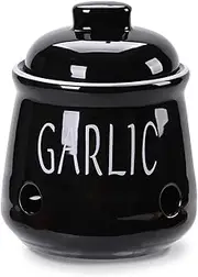 HAOTOP Garlic Keeper with Lid, Ceramic Mini Garlic Container Saver for Countertop, Keep Your Garlic Cloves Fresh, Black