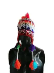 Unisex Chullo Wool Fabric Decorated with Beads and Andean Mountain Range
